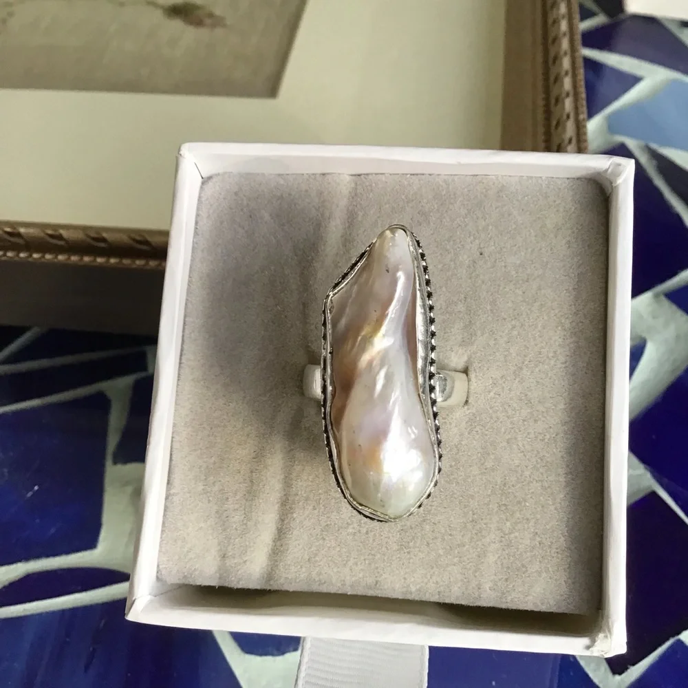 Sterling Silver Genuine Biwa Pearl Large Ring Size 8 New - Picture 3 of 5